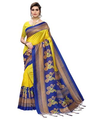 Yellow printed art silk saree with blouse 1