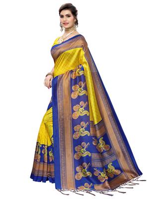 Yellow printed art silk saree with blouse 2