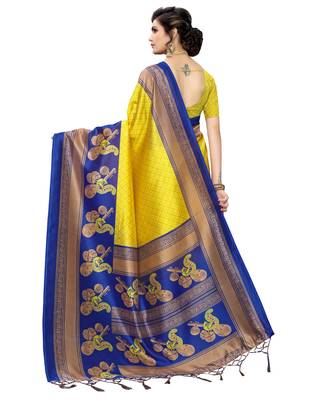 Yellow printed art silk saree with blouse 3