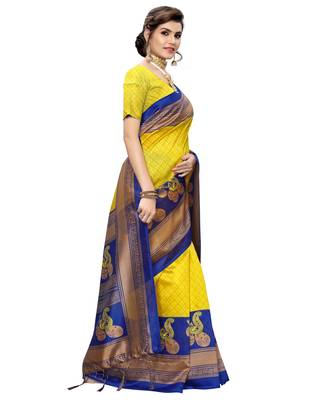 Yellow printed art silk saree with blouse 4