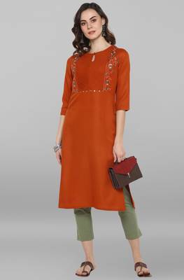 Janasya Orange embroidered rayon ethnic kurtis 2