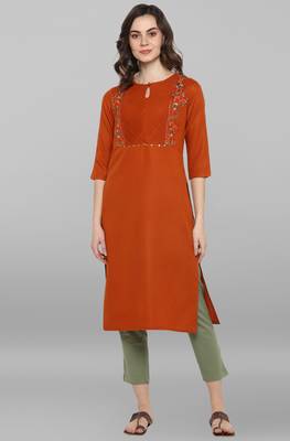 Janasya Orange embroidered rayon ethnic kurtis 4