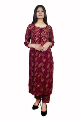 18 FOREVER V R FOR U GOLD PRINTED AND FRONT HAND WORK EMBROIDERY KURTA WITH PALAZZO SET ( Maroon ) 1