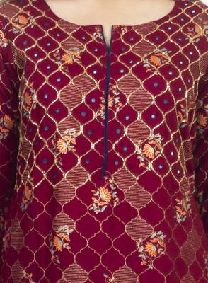 18 FOREVER V R FOR U GOLD PRINTED AND FRONT HAND WORK EMBROIDERY KURTA WITH PALAZZO SET ( Maroon ) 4