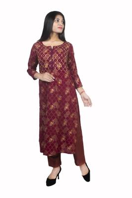 18 FOREVER V R FOR U GOLD PRINTED AND FRONT HAND WORK EMBROIDERY KURTA WITH PALAZZO SET ( Maroon ) 6
