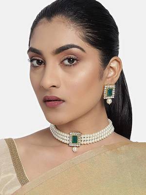 Traditional Handcrafted Beaded Emerald Choker with Earrings For Women/Girls  1