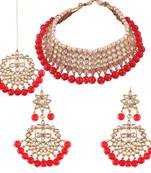 Traditional Kundan & Red Pearl Choker Necklace Set For Women 