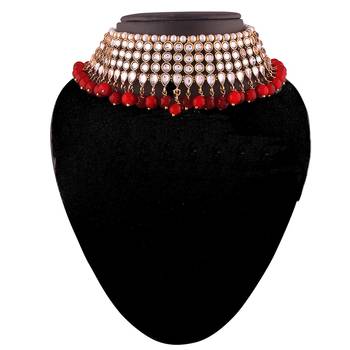 Traditional Kundan & Red Pearl Choker Necklace Set For Women  2