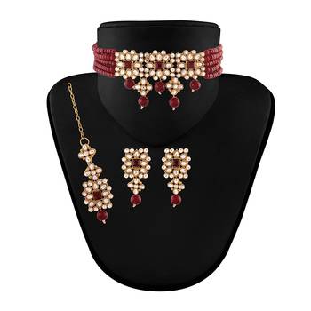 Traditional Gold Plated Pearl & Kundan Choker Necklace Set with Maang tikka for Women  3