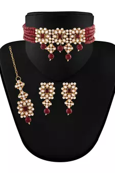 Traditional Gold Plated Pearl & Kundan Choker Necklace Set with Maang tikka for Women 