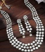 Rhodium Plated Traditional 3 Layered Jewellery Set Encased With Kundan For Women 