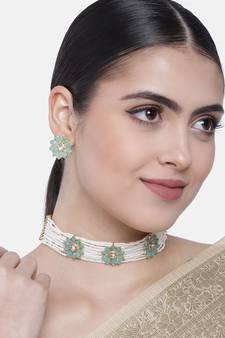 Traditional Pearl & Kundan Choker Necklace Set with Earrings for Women (ML228Sb)