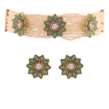 Traditional Pearl & Kundan Choker Necklace Set with Earrings for Women (ML228Sb) 2
