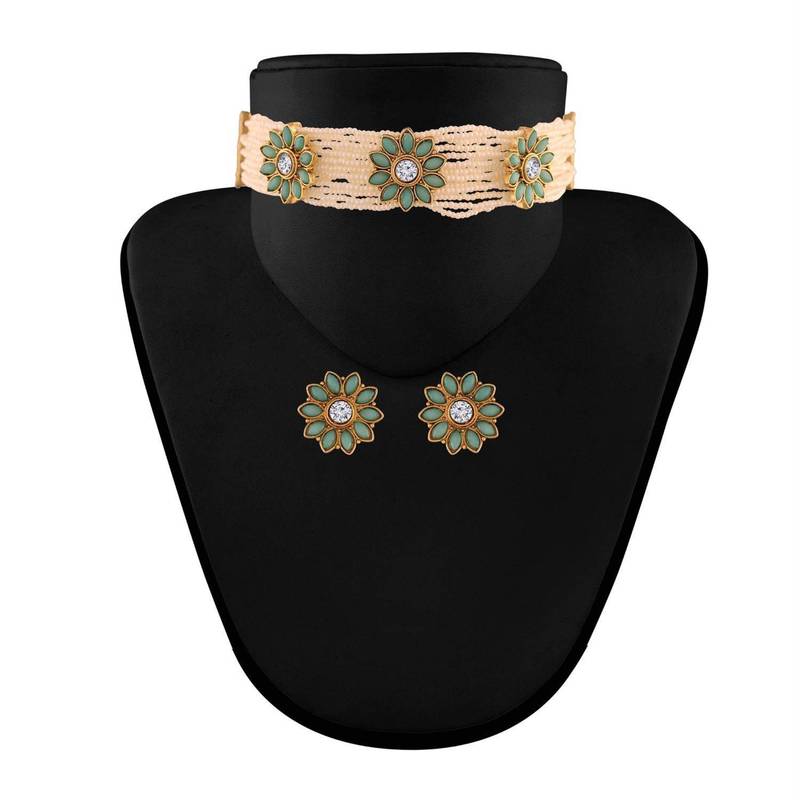 Traditional Pearl & Kundan Choker Necklace Set with Earrings for Women (ML228Sb)