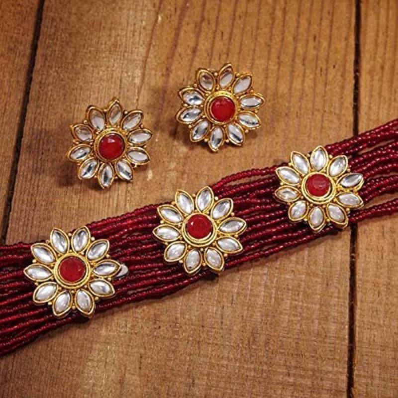 Traditional Gold Plated Floral Pearl & Beads Choker Necklace Set for Women 