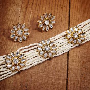 Traditional Floral Kundan & Pearl Choker Necklace Set for Women  2
