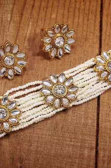 Traditional Floral Kundan & Pearl Choker Necklace Set for Women 
