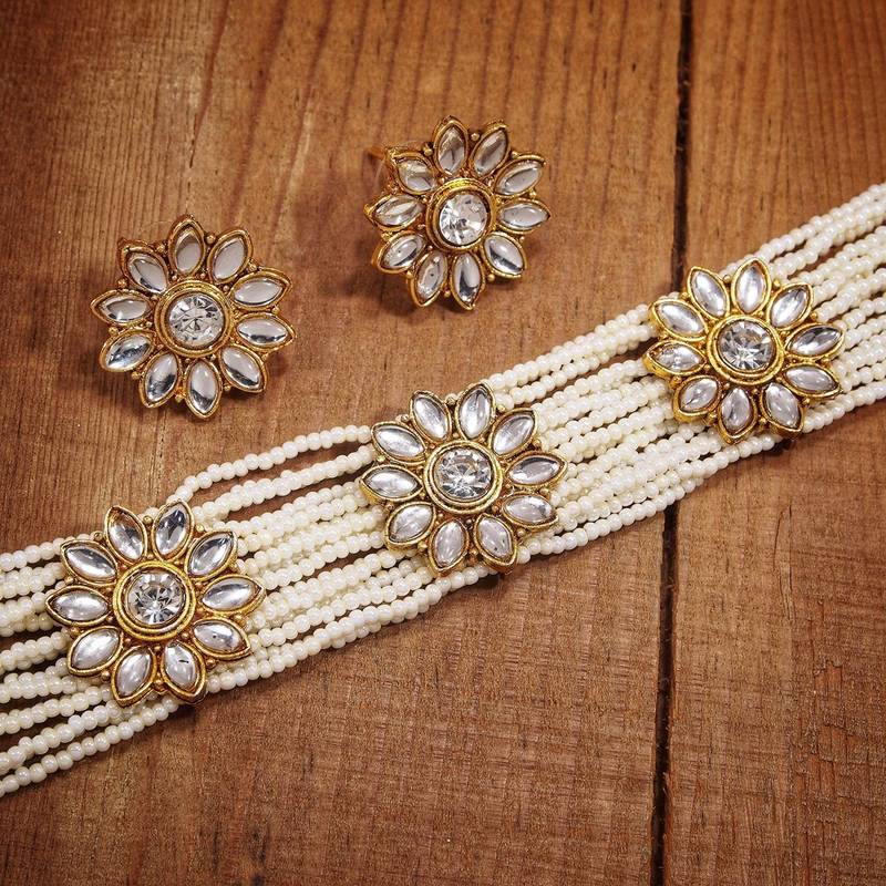 Traditional Floral Kundan & Pearl Choker Necklace Set for Women 