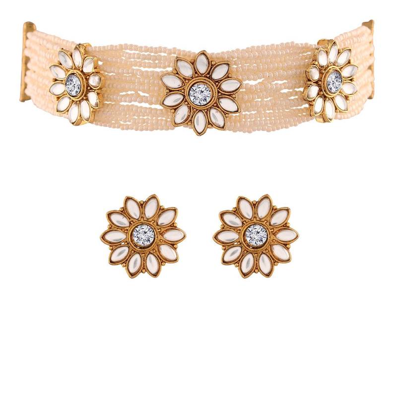 Traditional Floral Kundan & Pearl Choker Necklace Set for Women 