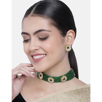Traditional Gold Plated Floral Pearl & Beads Choker Necklace Set for Women  1