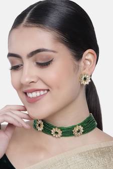 Traditional Gold Plated Floral Pearl & Beads Choker Necklace Set for Women (ML228G)