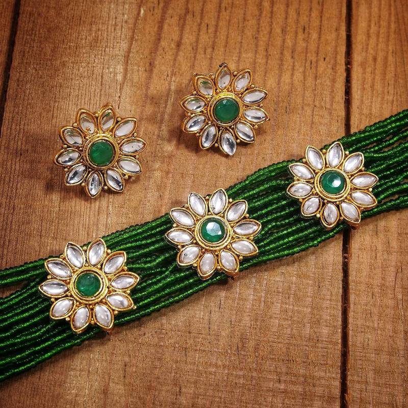 Traditional Gold Plated Floral Pearl & Beads Choker Necklace Set for Women 