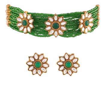 Traditional Gold Plated Floral Pearl & Beads Choker Necklace Set for Women  3