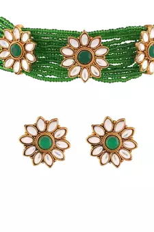 Traditional Gold Plated Floral Pearl & Beads Choker Necklace Set for Women 