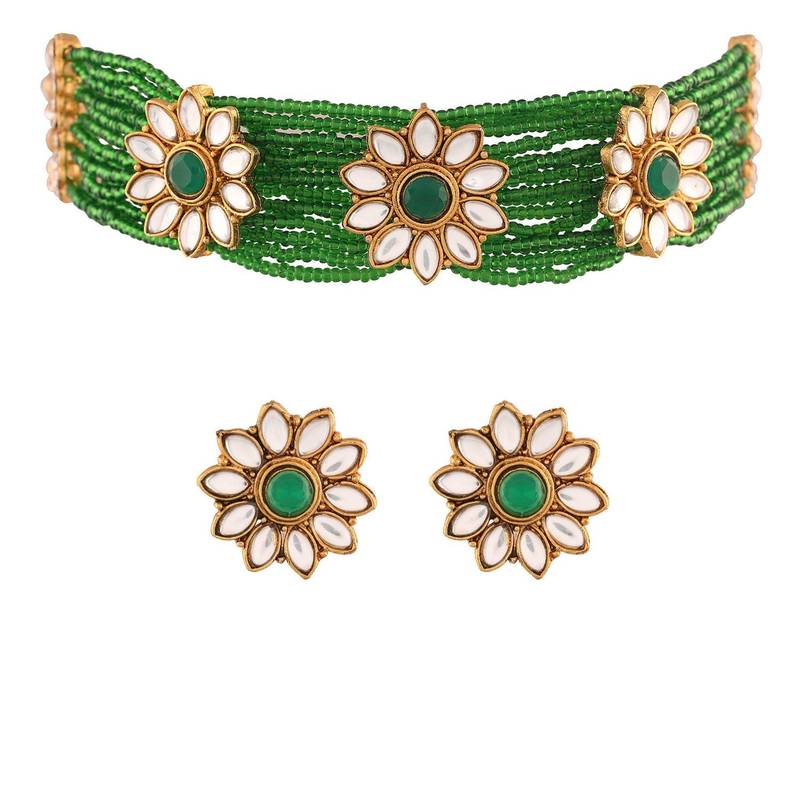 Traditional Gold Plated Floral Pearl & Beads Choker Necklace Set for Women 