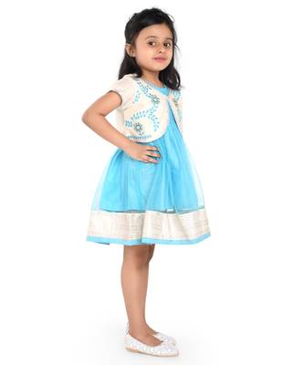 Twisha Fashionable Embroidered Jacket with net dress and border at hem:- Blue 3
