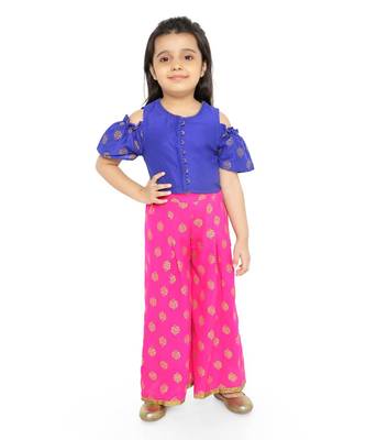 Twisha Stylish  Gold Printed Floral Incut Cold Shoulder Top &  Palazzo set-Blue 1