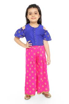 Twisha Stylish  Gold Printed Floral Incut Cold Shoulder Top &  Palazzo set-Blue