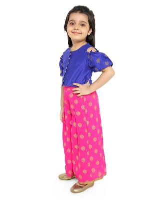 Twisha Stylish  Gold Printed Floral Incut Cold Shoulder Top &  Palazzo set-Blue 3
