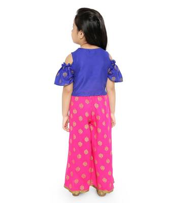 Twisha Stylish  Gold Printed Floral Incut Cold Shoulder Top &  Palazzo set-Blue 4