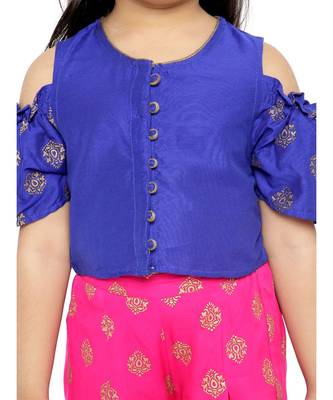 Twisha Stylish  Gold Printed Floral Incut Cold Shoulder Top &  Palazzo set-Blue 5