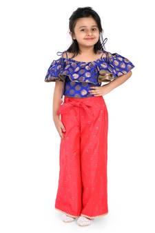 Twisha Stylish Brocade frill sleevele boat Neck choli with Jaquard Palazzos -Blue