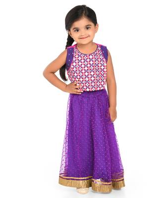 Twisha Mirror Embroidery blouse with polka flock print net lehanga - Purple 1