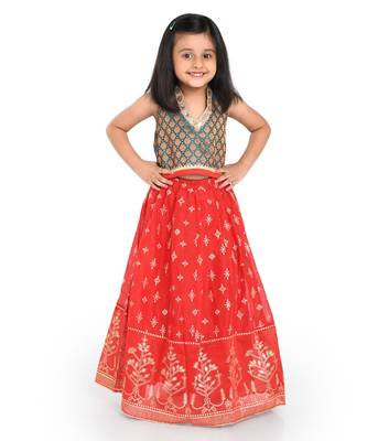 Twisha Brocade blouse with block print lehanga & frilled dupatta  - Ramagreen 1