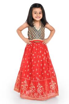 Twisha Brocade blouse with block print lehanga & frilled dupatta  - Ramagreen