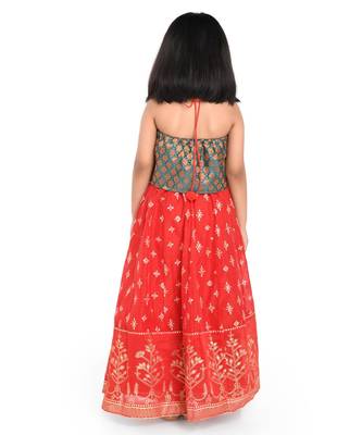 Twisha Brocade blouse with block print lehanga & frilled dupatta  - Ramagreen 2