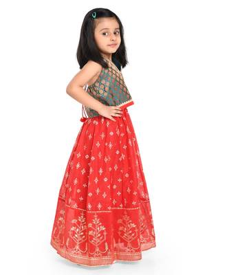 Twisha Brocade blouse with block print lehanga & frilled dupatta  - Ramagreen 3