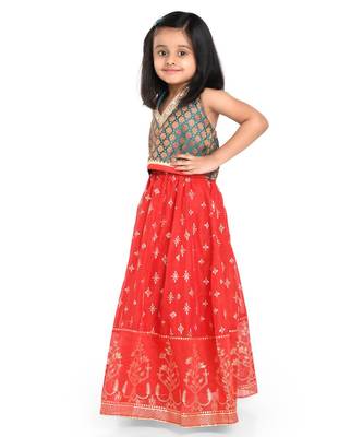 Twisha Brocade blouse with block print lehanga & frilled dupatta  - Ramagreen 4