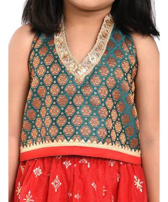 Twisha Brocade blouse with block print lehanga & frilled dupatta  - Ramagreen 5
