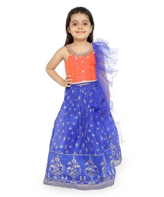 polka dot embroidey yoke choli with block print lehanga & frilled dupatta  - Orange 1