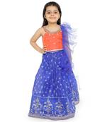 polka dot embroidey yoke choli with block print lehanga & frilled dupatta  - Orange