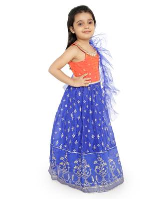 polka dot embroidey yoke choli with block print lehanga & frilled dupatta  - Orange 2