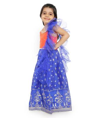 polka dot embroidey yoke choli with block print lehanga & frilled dupatta  - Orange 3
