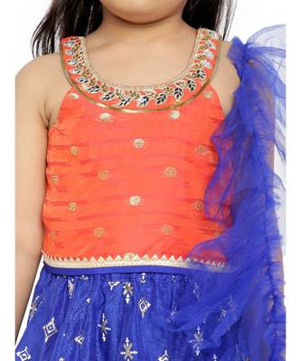 polka dot embroidey yoke choli with block print lehanga & frilled dupatta  - Orange 4