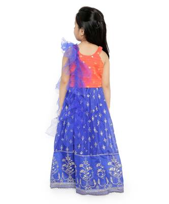 polka dot embroidey yoke choli with block print lehanga & frilled dupatta  - Orange 5