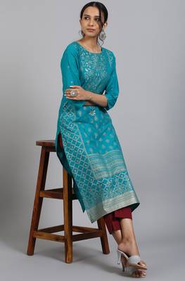 Turquoise printed cotton ethnic kurtis 1